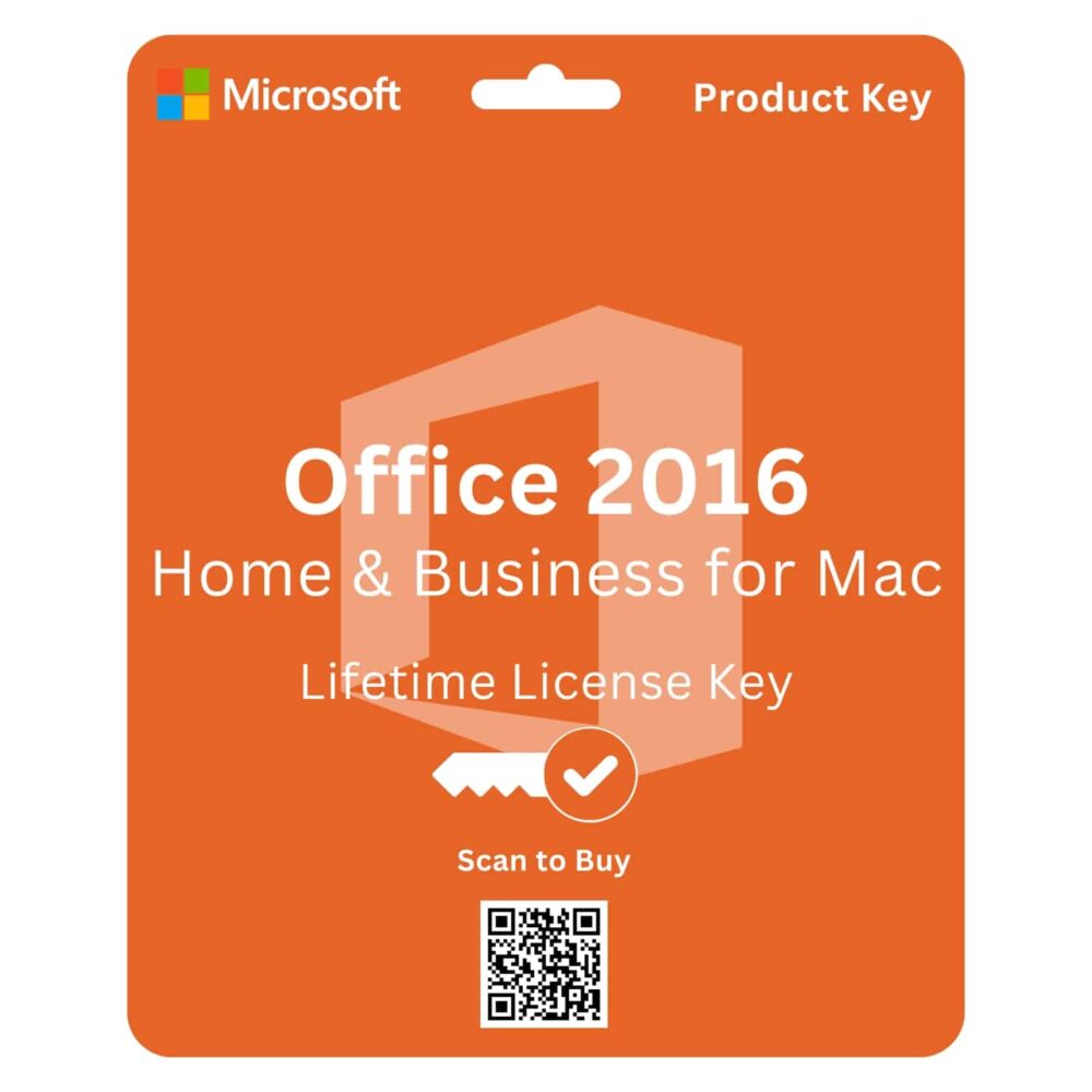 Microsoft Office 2016 Home and Business License for Mac, offering lifetime access to productivity tools.