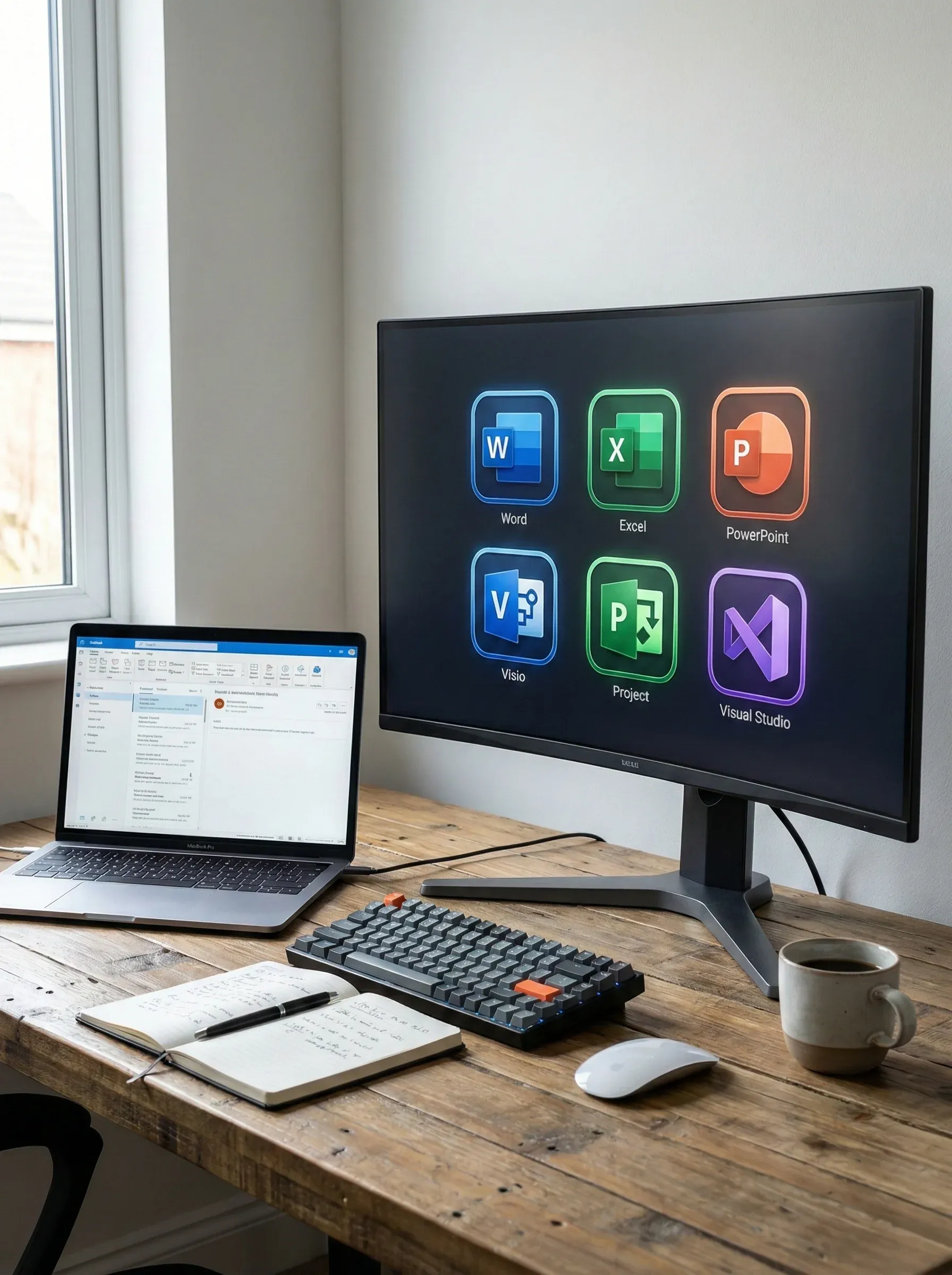 Professional desk setup showing productivity apps representing an Office 2021 Professional Plus license with instant digital delivery.