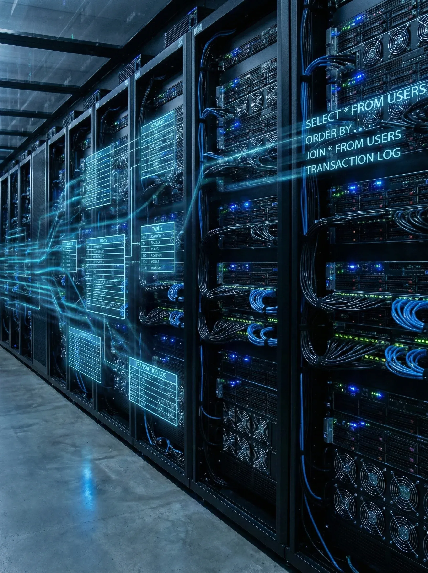 Secure enterprise server racks and SQL database visualizations highlighting our lifetime software licenses for IT infrastructure.