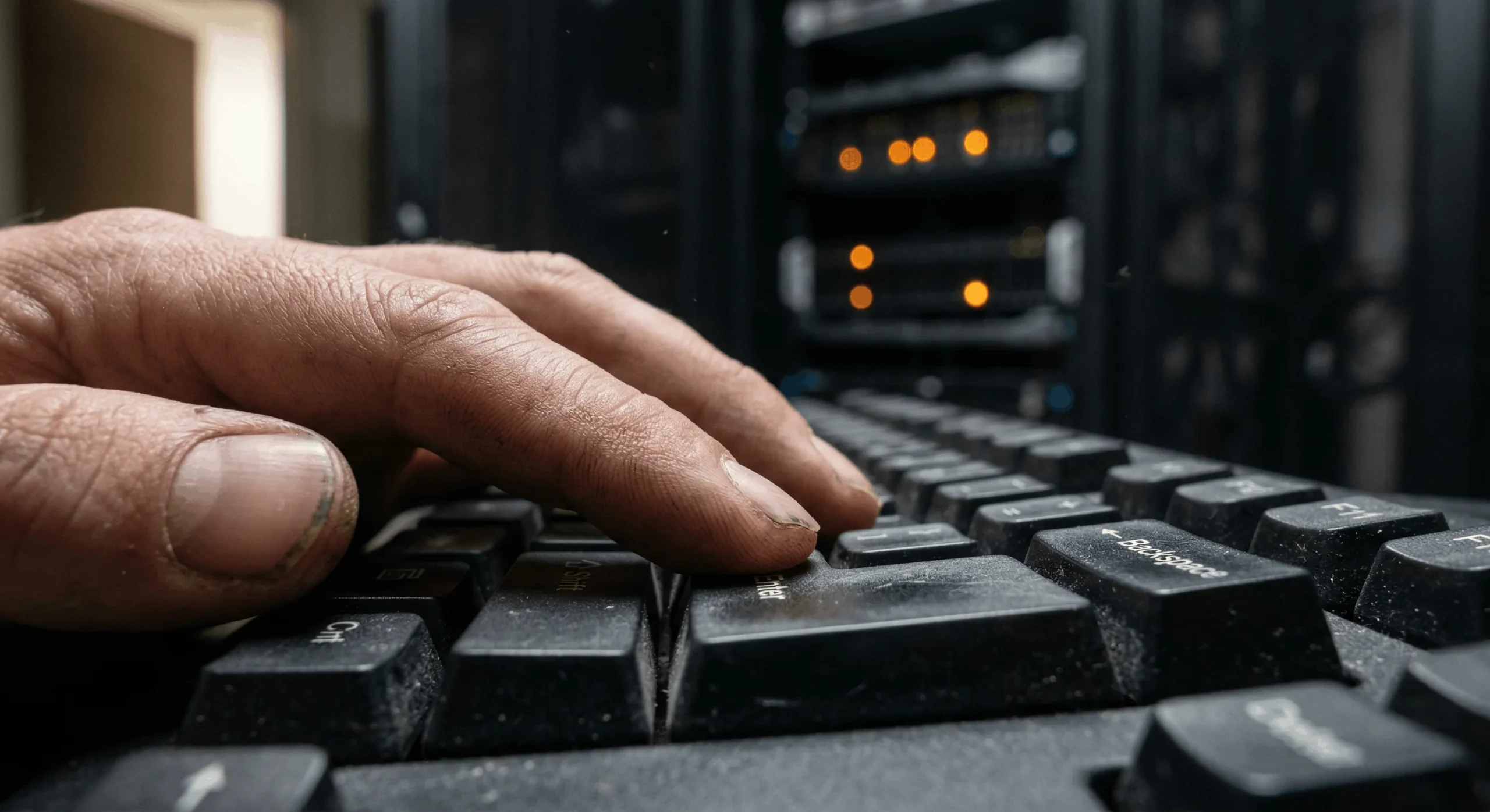 Close up of IT admin typing on keyboard trying to bypass forced internet activation for Windows Server 2022 offline