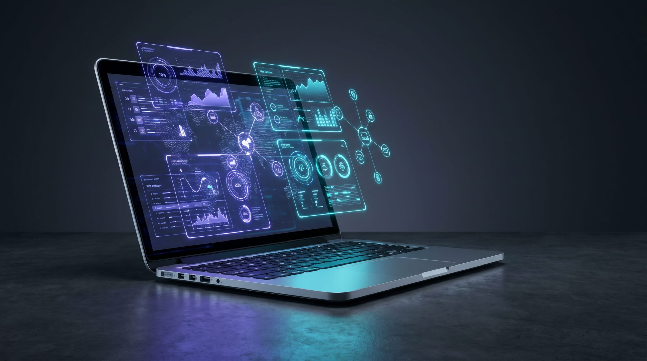 A premium laptop displaying glowing digital interfaces for tech Blogs on a dark indigo background.