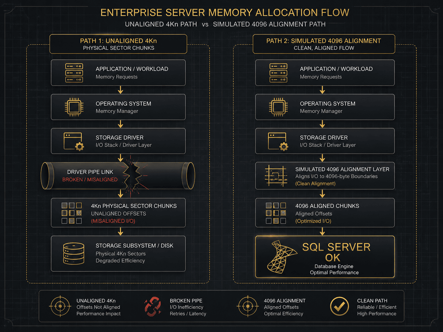 Disk drive storage block geometry chart showing how to fix SQL Server installation fails on Windows Server 2025 by overriding physical sector reports