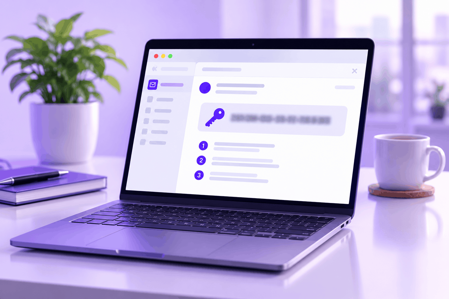 Laptop showing an email with a Microsoft product key and activation steps, on a lilac desk