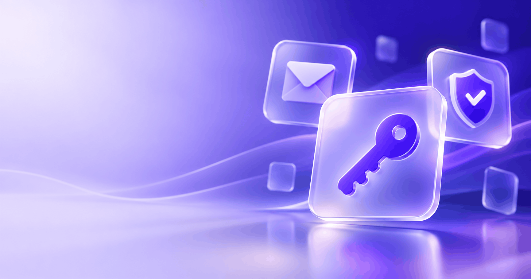 Glass cards with a key, an email envelope and a shield: pay, get your key by email, activate with support