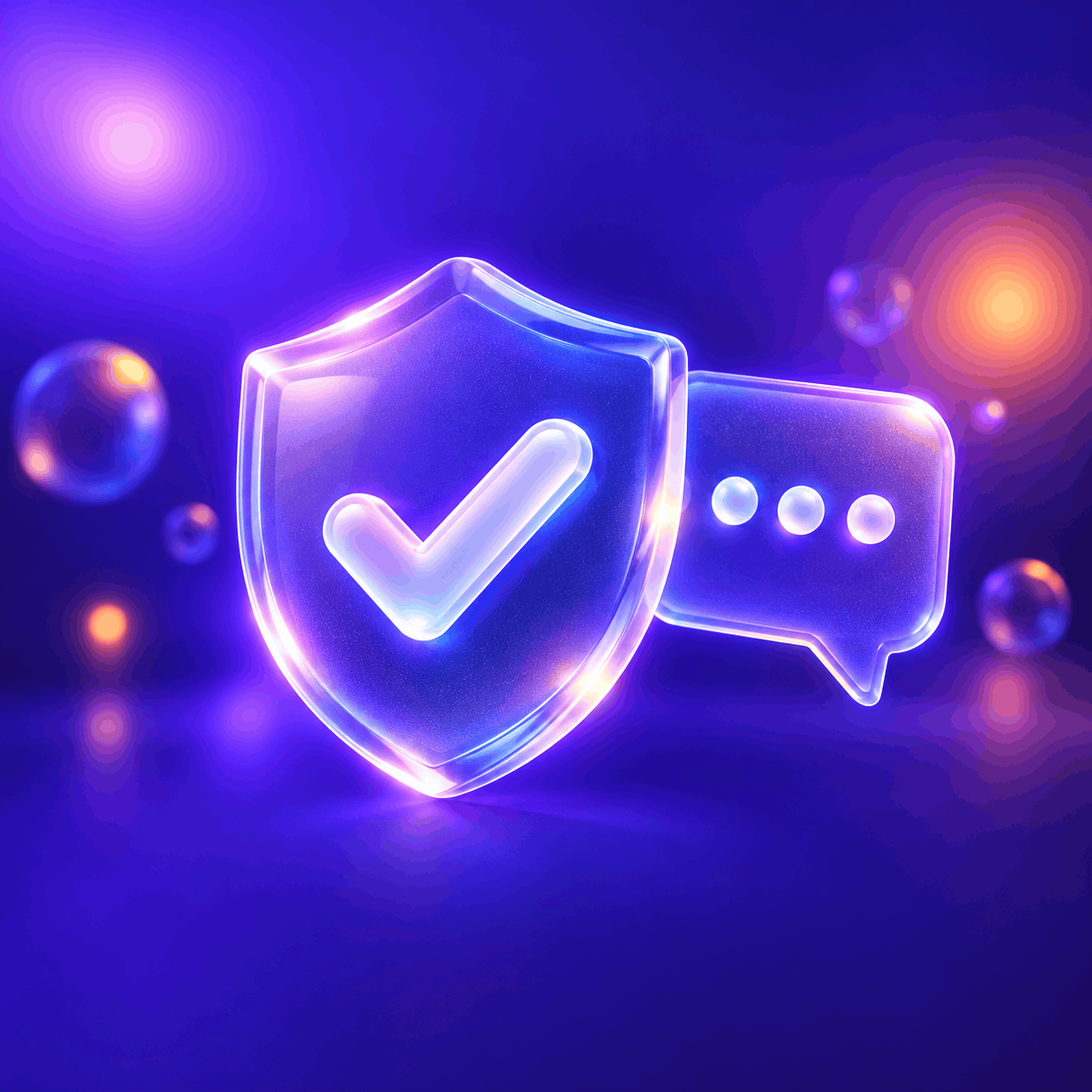 A glass shield with a check mark beside a chat bubble, in indigo light