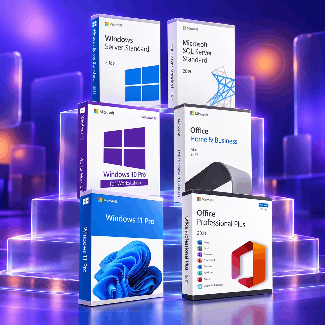 Buy Microsoft Lifetime License Keys 1 Microsoft Windows, Office, Windows Server and SQL Server product boxes on a glass stand