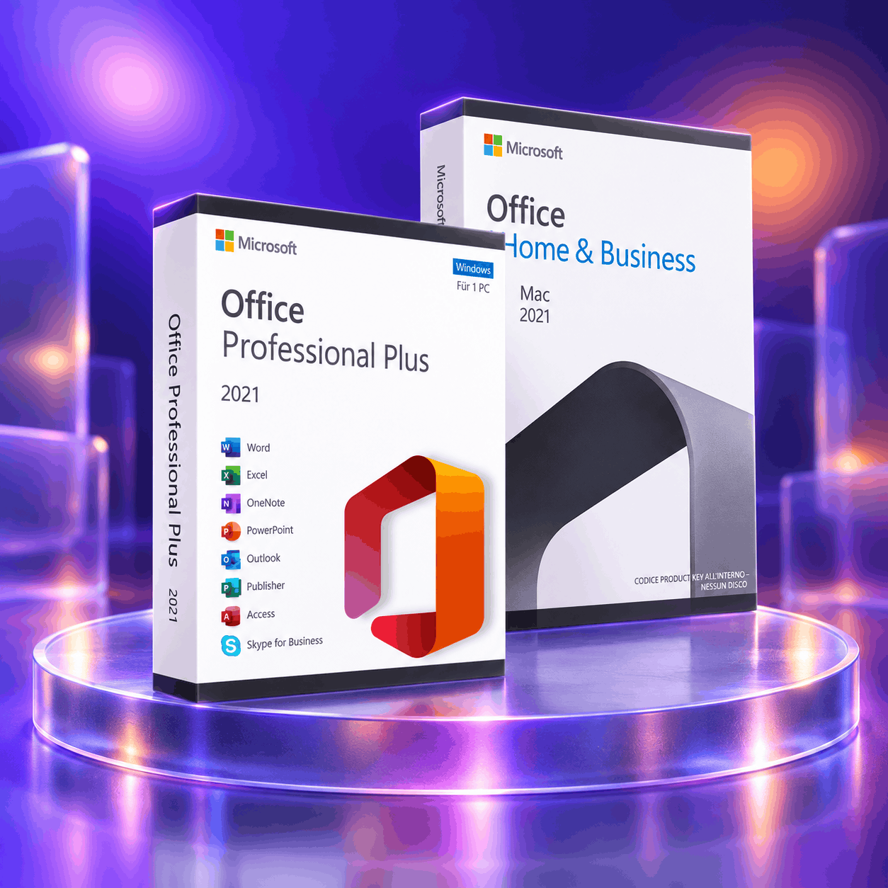 Office 2021 Professional Plus and Office 2021 for Mac product boxes on a glass stand