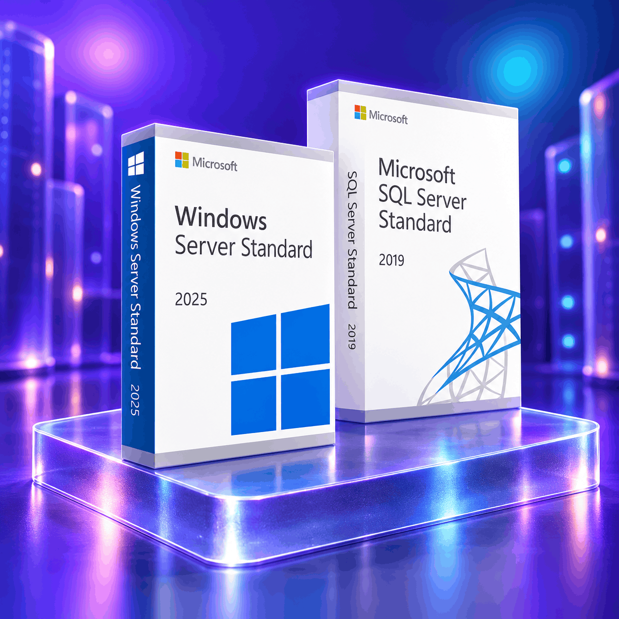Windows Server 2025 Standard and SQL Server 2019 product boxes on a glass stand