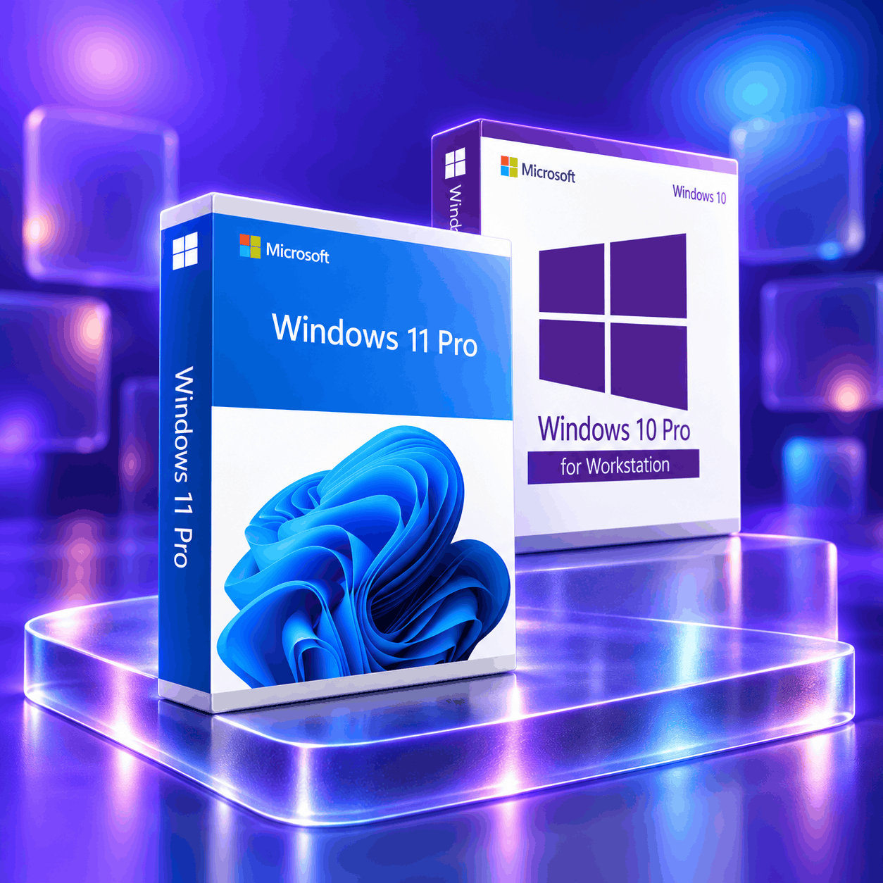 Windows 11 Pro and Windows 10 Pro for Workstations product boxes on a glass stand