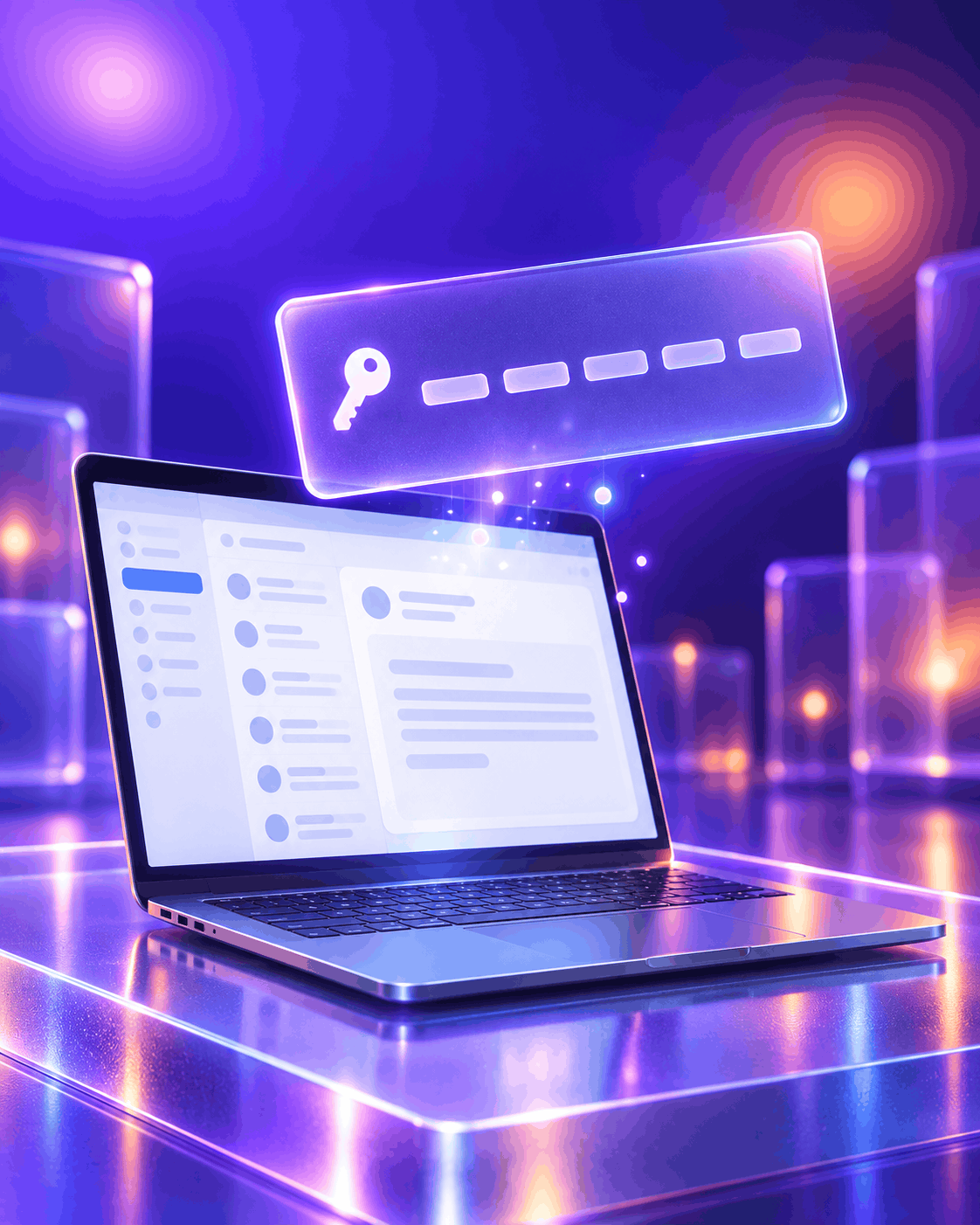 A laptop showing an email with a glass license key card, in indigo light