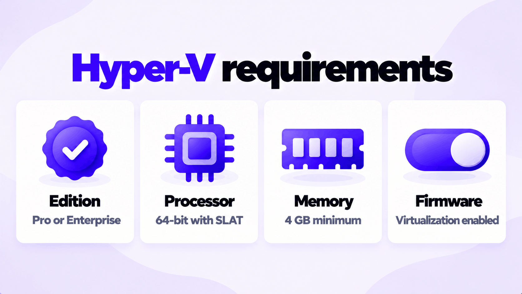 How to Set Up Hyper-V on Windows 10 Pro and Create Your First Virtual Machine 2 Requirements to set up Hyper-V on Windows 10 Pro: Pro edition, 64-bit processor with SLAT, 4 GB memory, virtualization enabled